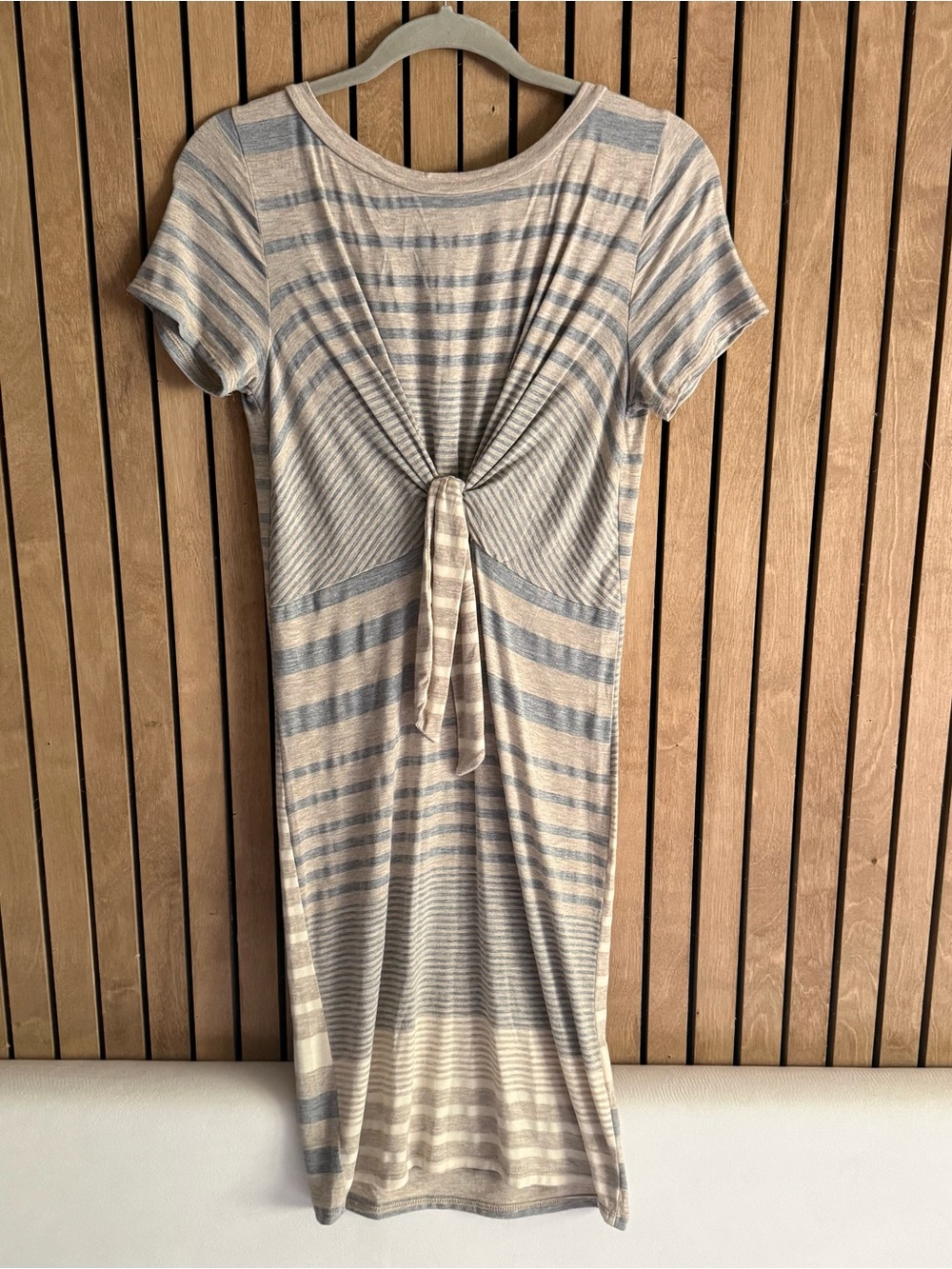 Promesa Striped Beige and Gray Knit Mini Dress